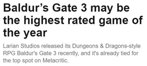 外媒：《博德之门3》可能是今年评分最高的游戏